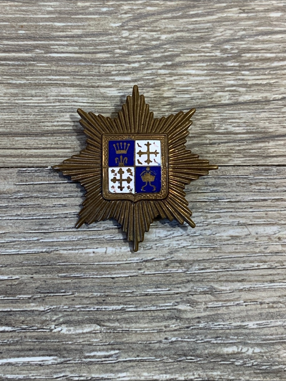 Gold-Tone Coat of Arms France 8 Pointed Star Brooch with Blue and White Enamel